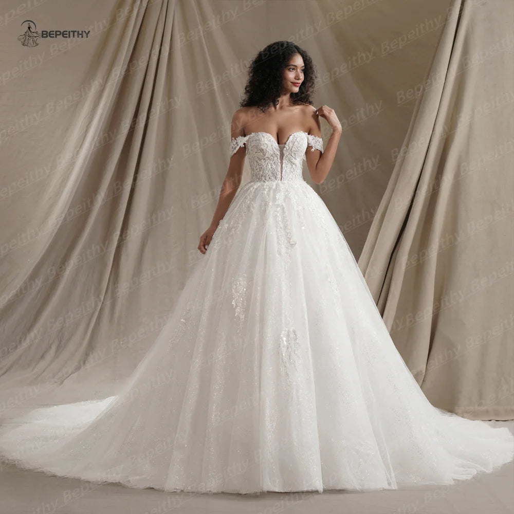 BEPEITHY Customized Plus Size Glitter Princess Wedding Dresses For Women 2026 Off Shoulder Ivory Bride Sleeveless Bridal Gown
