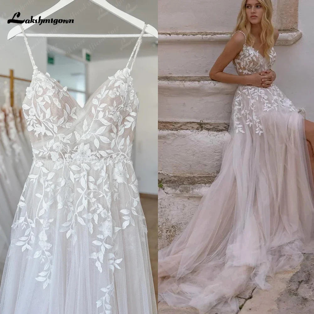 ZapDress Summer Split Side Lace Appliques V Neck Wedding Dress for Women Spaghetti Straps Bridal Gown Abito Da Sposa