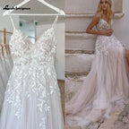 ZapDress Summer Split Side Lace Appliques V Neck Wedding Dress for Women Spaghetti Straps Bridal Gown Abito Da Sposa