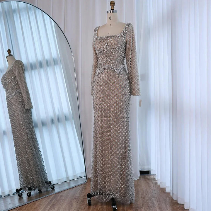 Elegant Beaded Pearl Mermaid Evening Dress with Long Sleeves for Wedding Occasion Zapdress 2025 Customized DLA72919A
