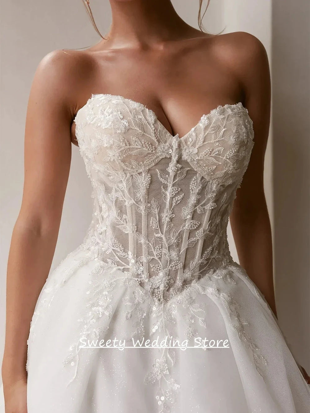 Custom Sleeveless Sweetheart A Line Wedding Dress With Lace Applique Train