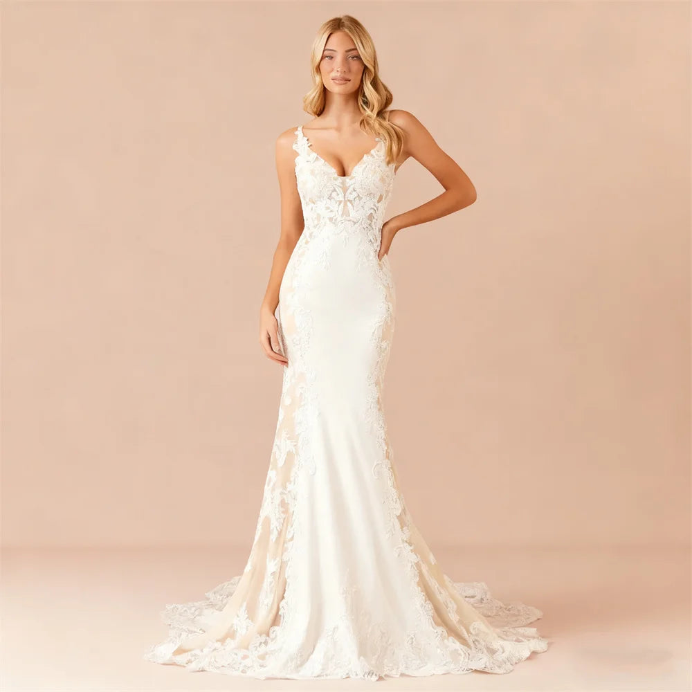 Customized Thin Straps Sweetheart Neckline Satin Mermaid Wedding Dress Sexy Zipper Back Floor Length Sweep Train Gown For Women
