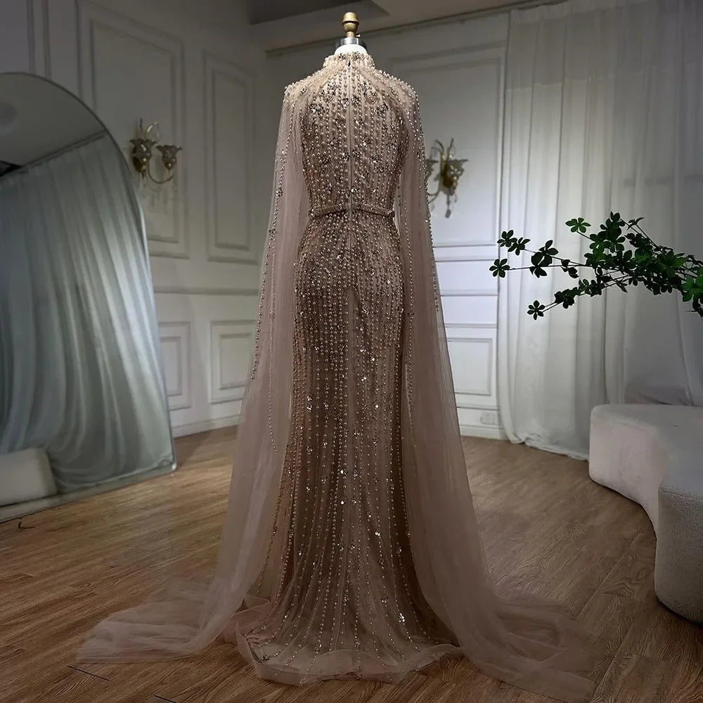 Dubai Grey Mermaid Cape Sleeves Pearls Beaded Elegant Evening Dresses Gowns 2025 Wedding Party DLA72372 Customized (ZD17362)
