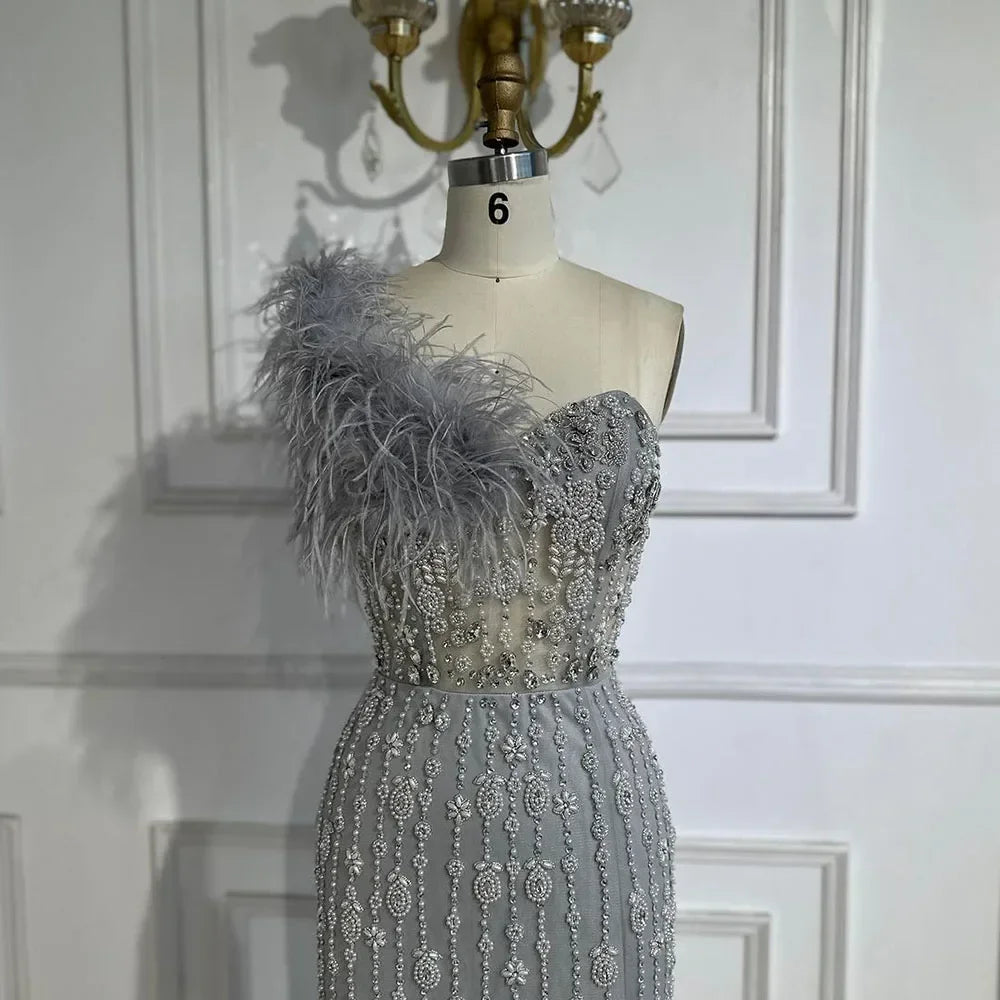 Zapdress Gray Mermaid One Shoulder High Split Beaded Feather Evening Dress Party Gowns for Women DLA72347 Customized (ZD17357)