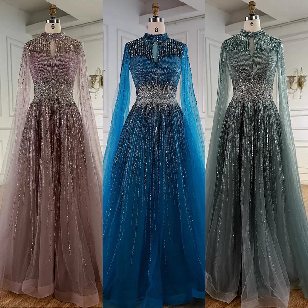Elegant Modest Blue Beaded Evening Dress with Cape Sleeves Dubai Gown Zapdress 2025 Customized DLA73059