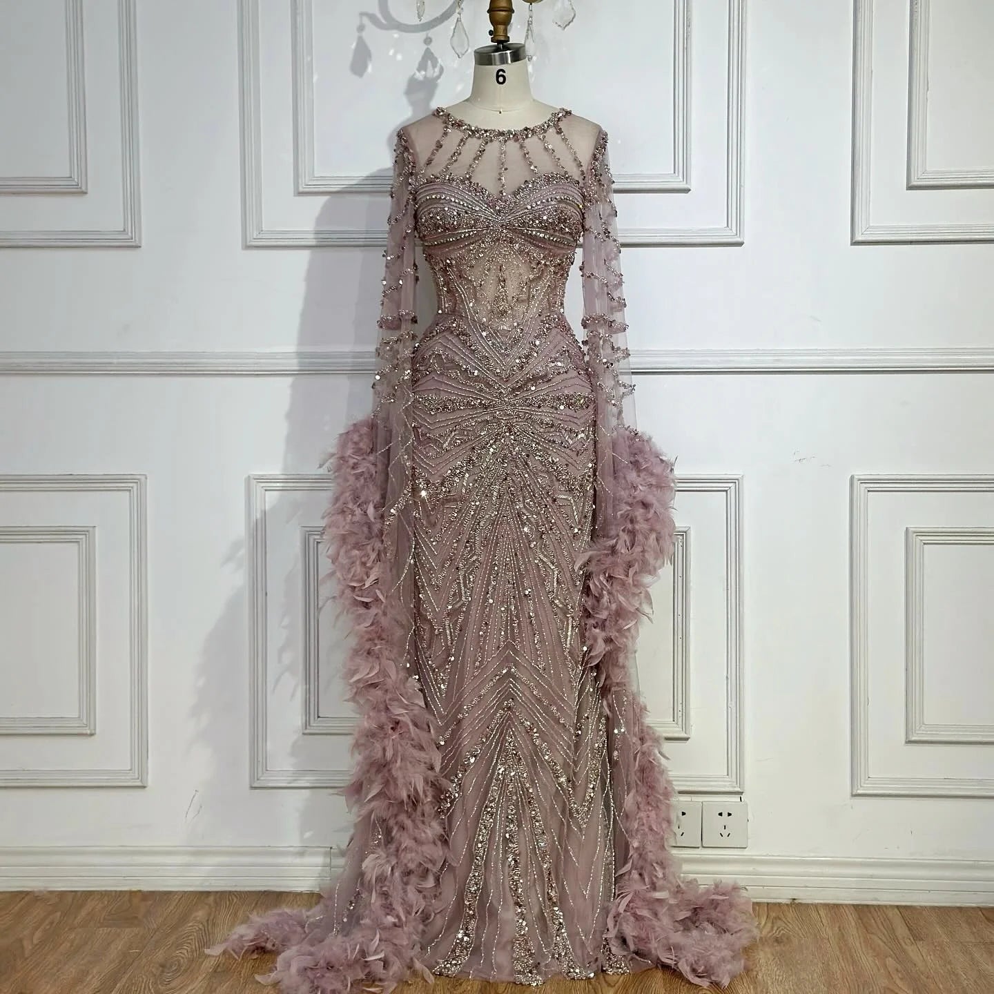 Serene Hill Pink Luxury Beaded Mermaid Evening Dress Gowns with Feathers for Formal Occasion Customized DLA72708A