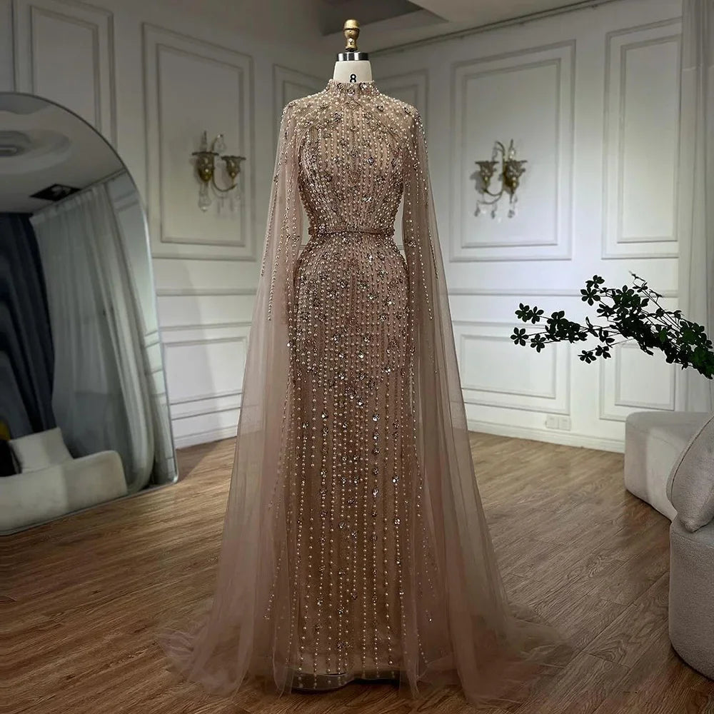 Dubai Grey Mermaid Cape Sleeves Pearls Beaded Elegant Evening Dresses Gowns 2025 Wedding Party DLA72372 Customized (ZD17362)