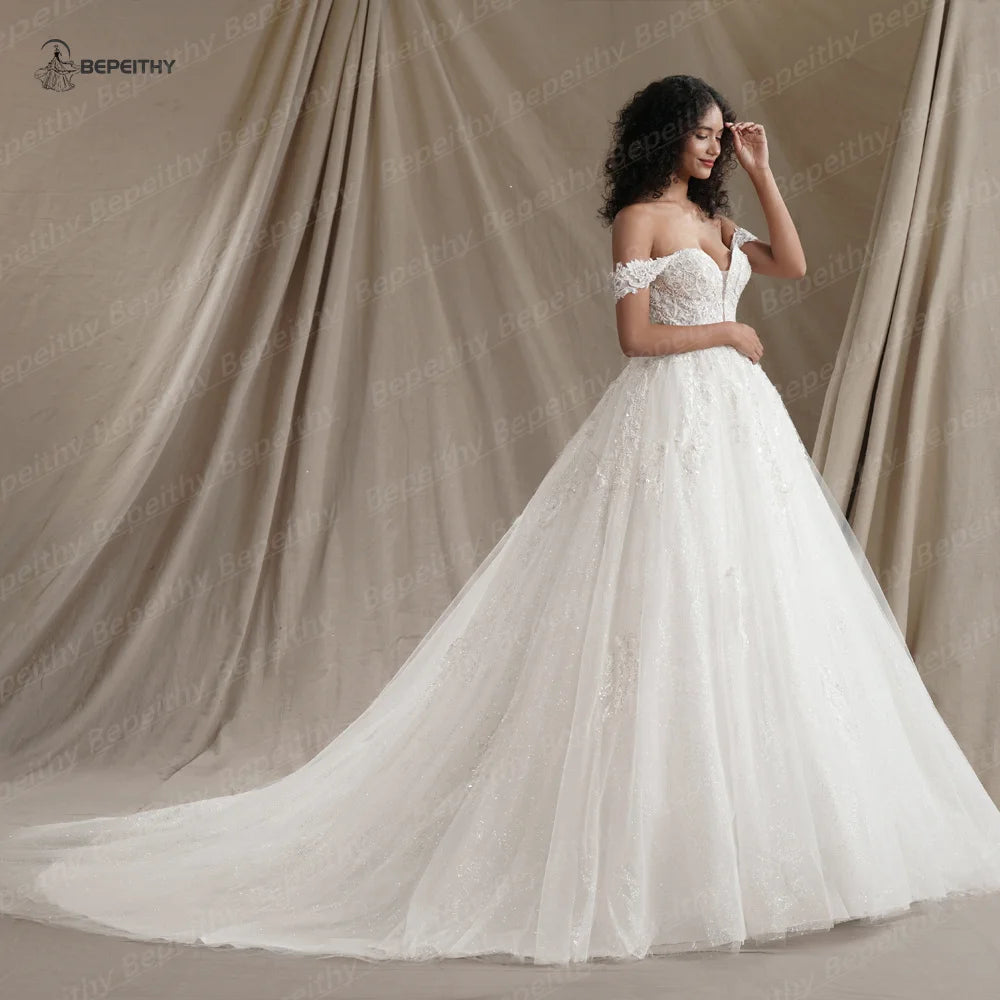 BEPEITHY Customized Plus Size Glitter Princess Wedding Dresses For Women 2026 Off Shoulder Ivory Bride Sleeveless Bridal Gown