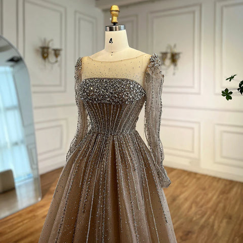 Luxury Caramel Sparkly A-Line Evening Dress with Long Sleeves LA72991