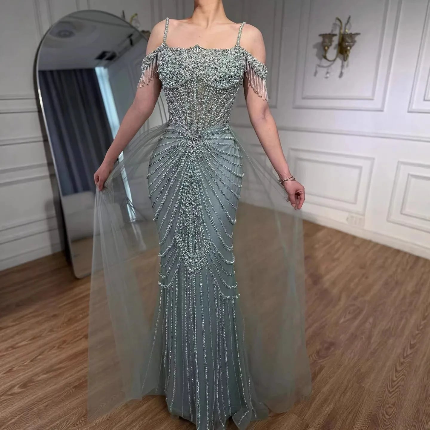 Serene Hill 2026 Mermaid Evening Gowns Pearl Beaded Tassel Formal Party Dresses for Wedding Guest DLA73148B Customized