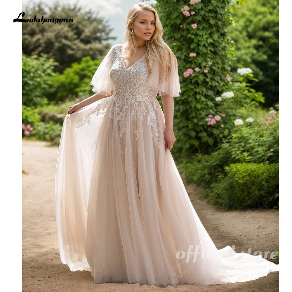 ZapDress Plus Size Wedding Dress New Women Applique Lace V-Neck Champagne A-Line Bride Gowns Robe De Mariée Customized