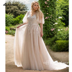 ZapDress Plus Size Wedding Dress New Women Applique Lace V-Neck Champagne A-Line Bride Gowns Robe De Mariée Customized