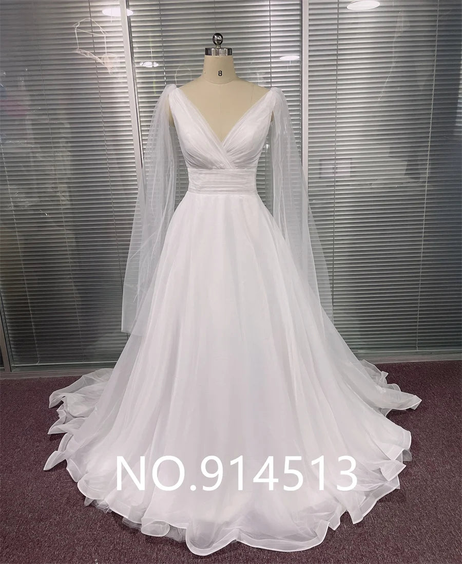 Customized Classic Deep V-neck Organza and Tulle Plus Size Wedding Dress Sexy Backless Court Bridal Gowns