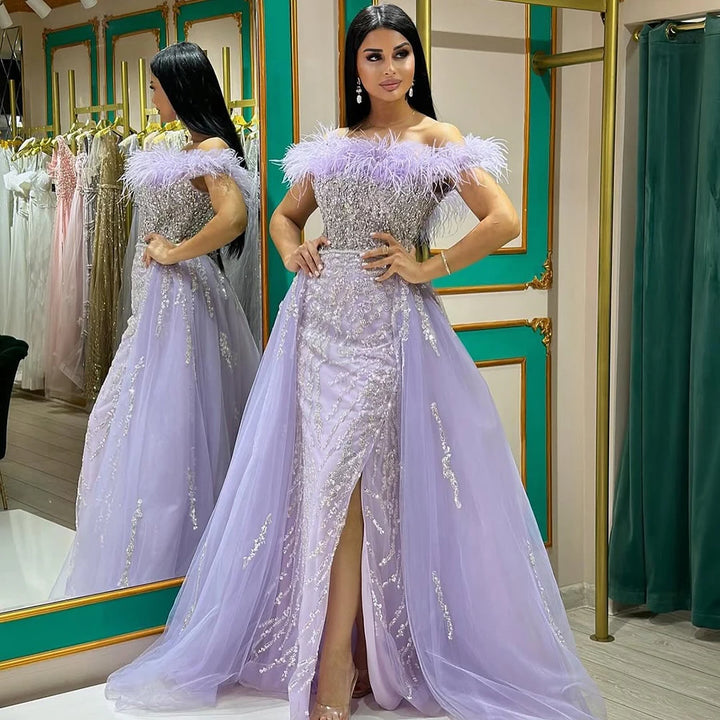 Serene Hill Yellow Feathers Beaded Mermaid Evening Dresses with Overskirt Side Slit Party Gowns for Women DLA72061 Customized