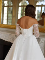Customized Off Shoulder Long Appliques Sleeves Satin A-Line Wedding Elegant Lace-up Back Floor Length Side Slit Gown For Bride