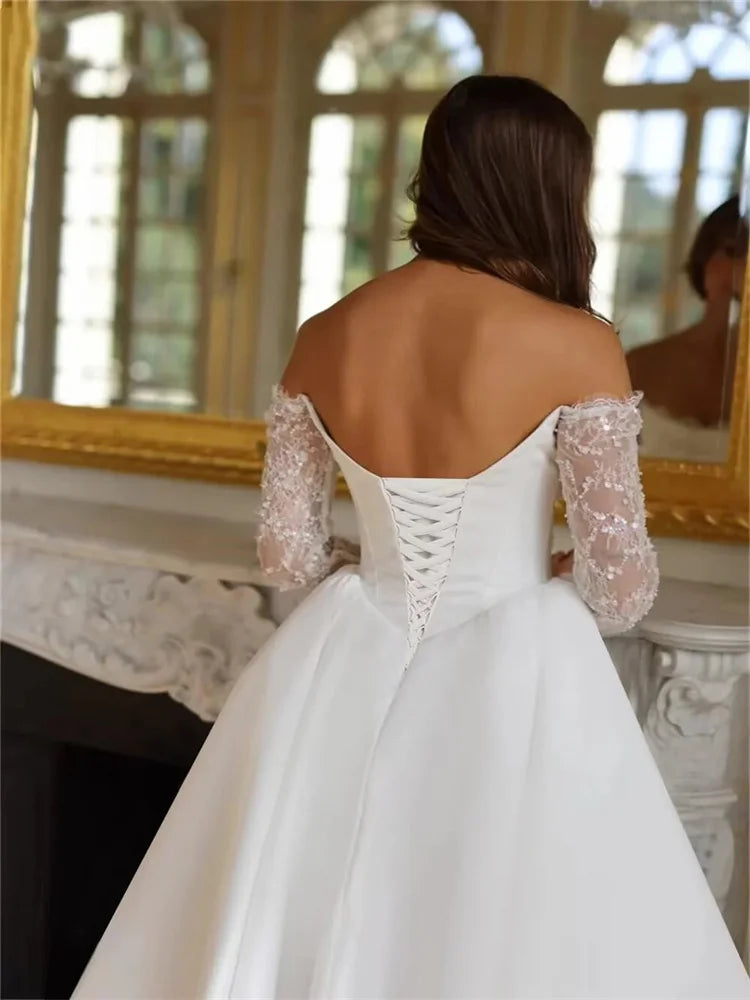 Customized Off Shoulder Long Appliques Sleeves Satin A-Line Wedding Elegant Lace-up Back Floor Length Side Slit Gown For Bride