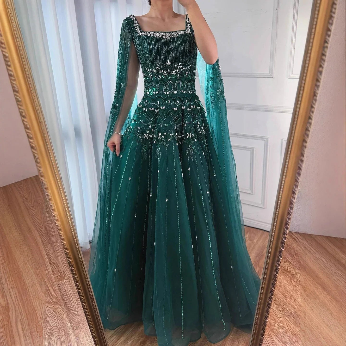 Serene Hill Red Square Collar A-Line Beaded Evening Dress with Cape Sleeves 2026 Party Gowns for Women DLA73089A Customized