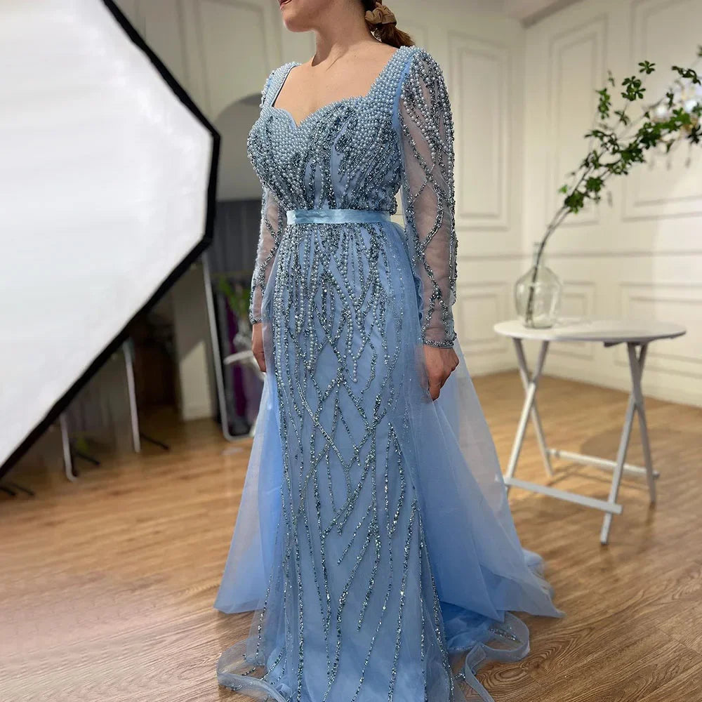 Zapdress Customized Blue Long Sleeves Mermaid Pearls Beaded Evening Dresses Elegant Party Gowns For Women Wedding (ZD17374)