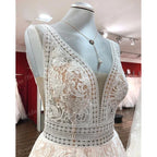 ZapDress Boho Champagne Wedding Dresses Lace Appliques V Neck Sleeveless Sweep Train Bridal Dress Customized