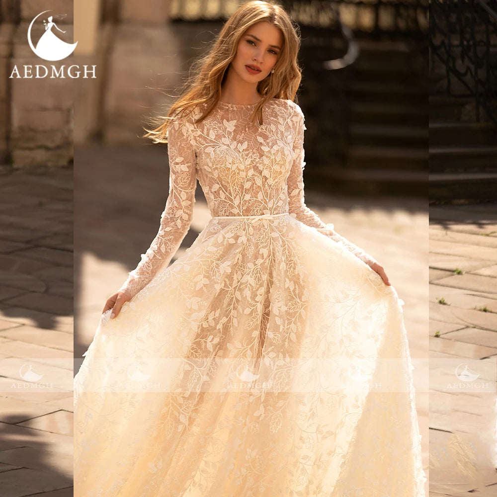 Aedmgh A-Line Boho Wedding Dresses O-Neck Long Sleeve Vestido De Novia Lace Appliques Pearls Sequined Custom Made Bridal Gown