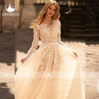 Aedmgh A-Line Boho Wedding Dresses O-Neck Long Sleeve Vestido De Novia Lace Appliques Pearls Sequined Custom Made Bridal Gown