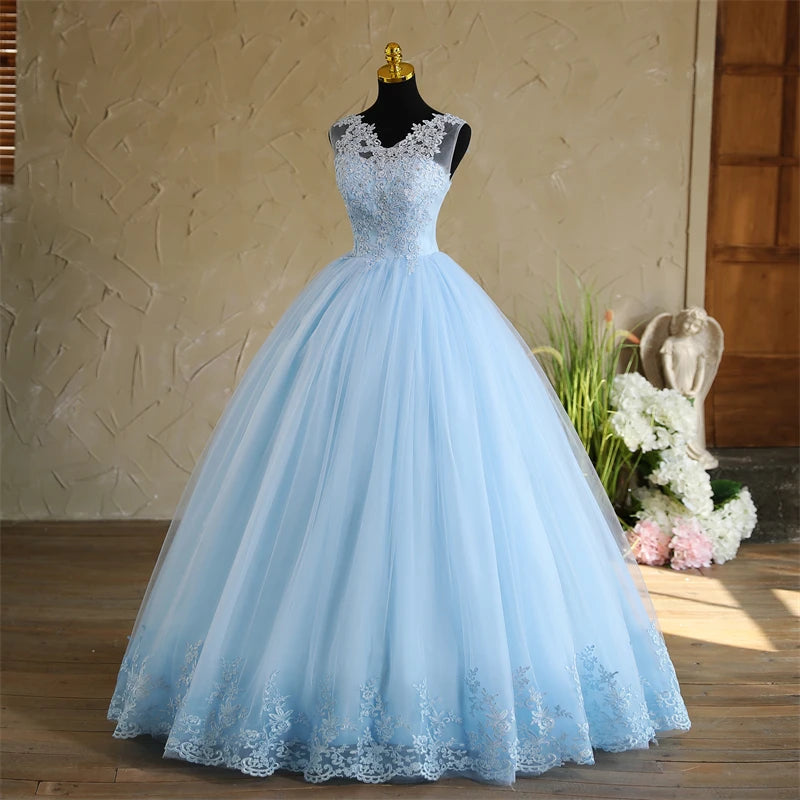Spring New Sky Blue Quinceanera Dresses Sleeveless V-neck For Party Sweet Ball Gown Lace Appliques Prom Dress Customize Vestido