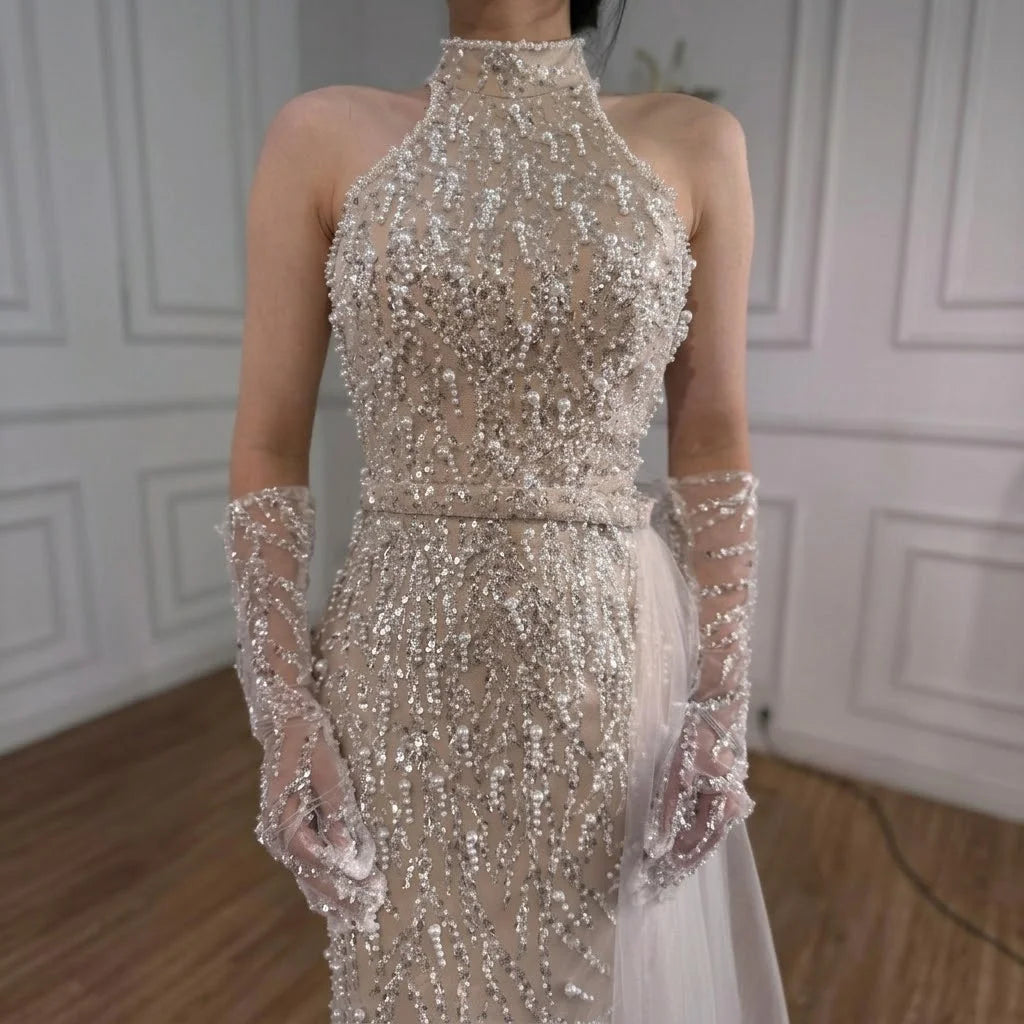 Zapdress White Nude Pearls Halter Mermaid Evening Gowns with Gloves Formal Party Dresses for Women 2026 Customized DLA72345F (ZD17349)