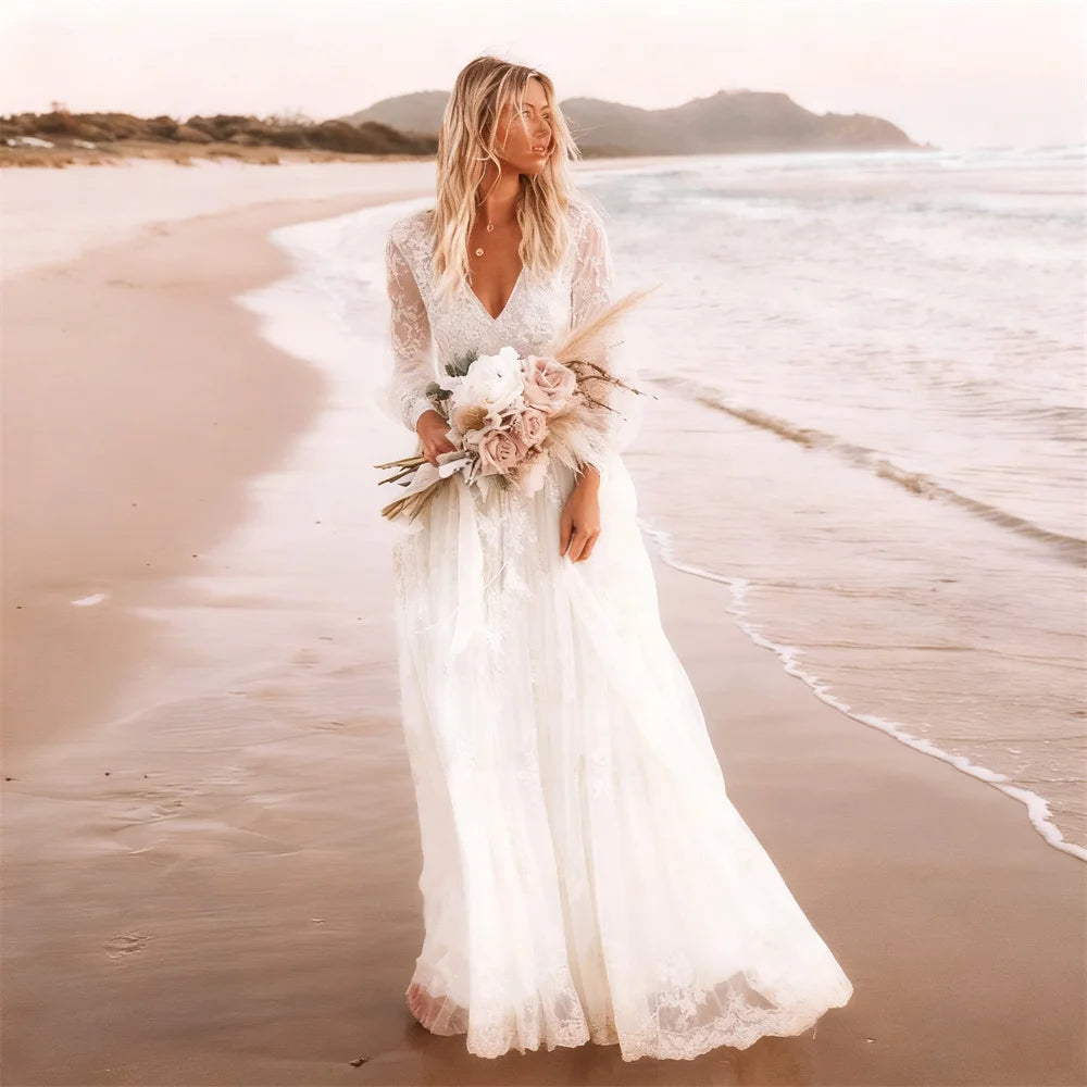 Customized Boho Lace Embroidered Long Sleeve Wedding Dress Deep V Neck and Flowy Lace Skirt for Beach Bridal Dress