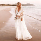 Customized Boho Lace Embroidered Long Sleeve Wedding Dress Deep V Neck and Flowy Lace Skirt for Beach Bridal Dress