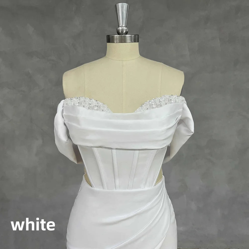 Off Shoulder Satin Mermaid Wedding Dress Corset Side Cut High Slit Chapel Bridal Gown Custom Made Vestido De Novia Robe De Novia
