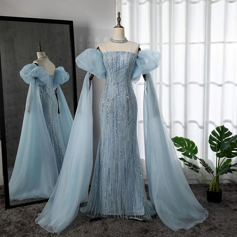 Zapdress Customized Blue Mermaid Puff Sleeves Beaded Evening Dresses Dubai Elegant Party Gowns For Women 2024 (ZD17343)