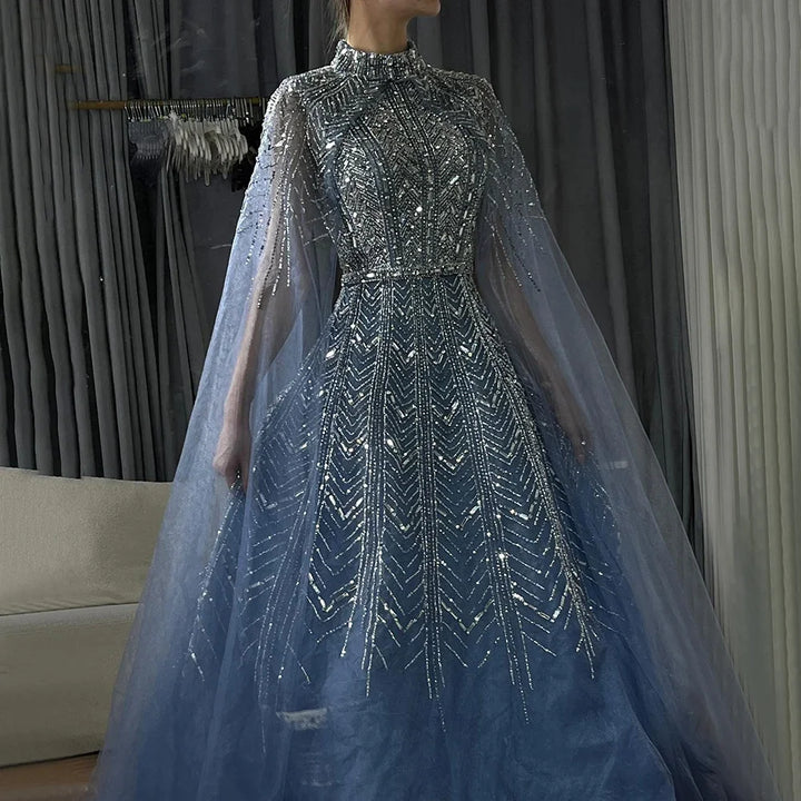 Serene Hill Customized 2025 Blue Beaded A-Line Cape Sleeves Formal Evening Dresses Elegant Party Gowns for Women DLA72728