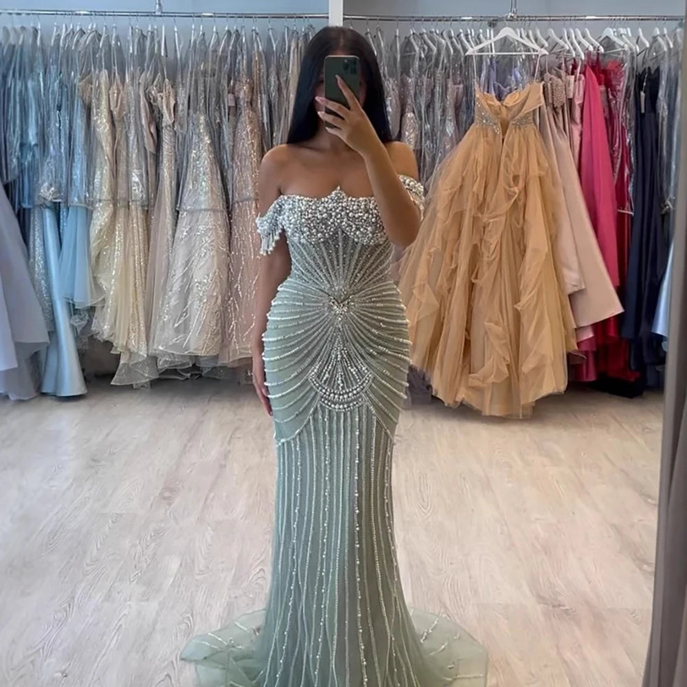 Zapdress 2025 Customized Pink Off Shoulder Mermaid Evening Dress Luxury Beaded Party Gowns for Women (ZD17359)