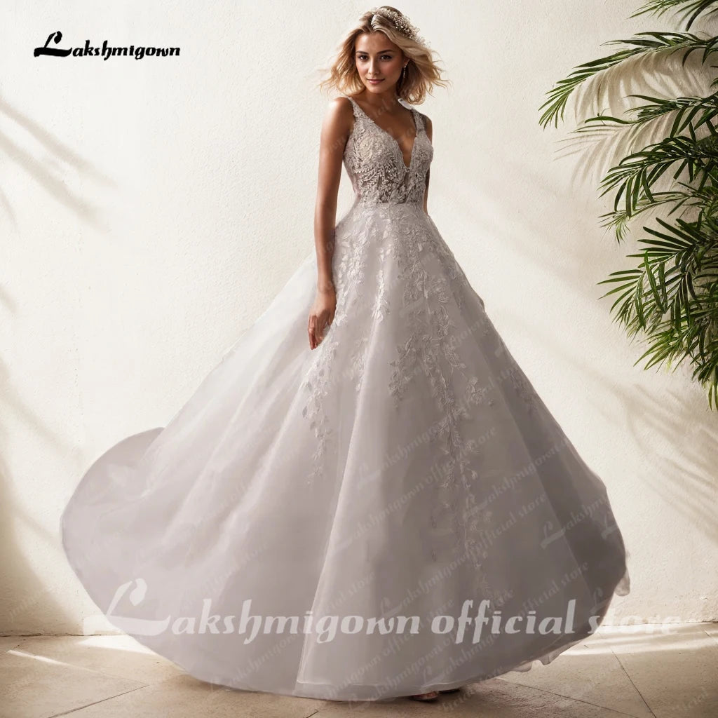 ZapDress V Neck Sleeveless Wedding Dresses For Women Beads A Line Ivory Lace Romantic Bride Boho Bridal Gown Customized