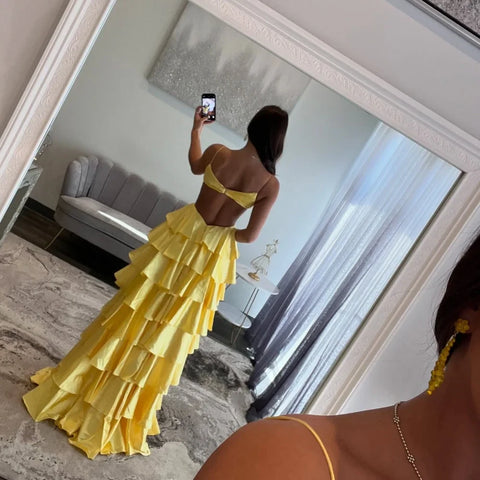 Customized Golden Emulation Silk Strapless Prom Dresses Backless vestidos de noche Floor-Length Sleeveless Formal Evening