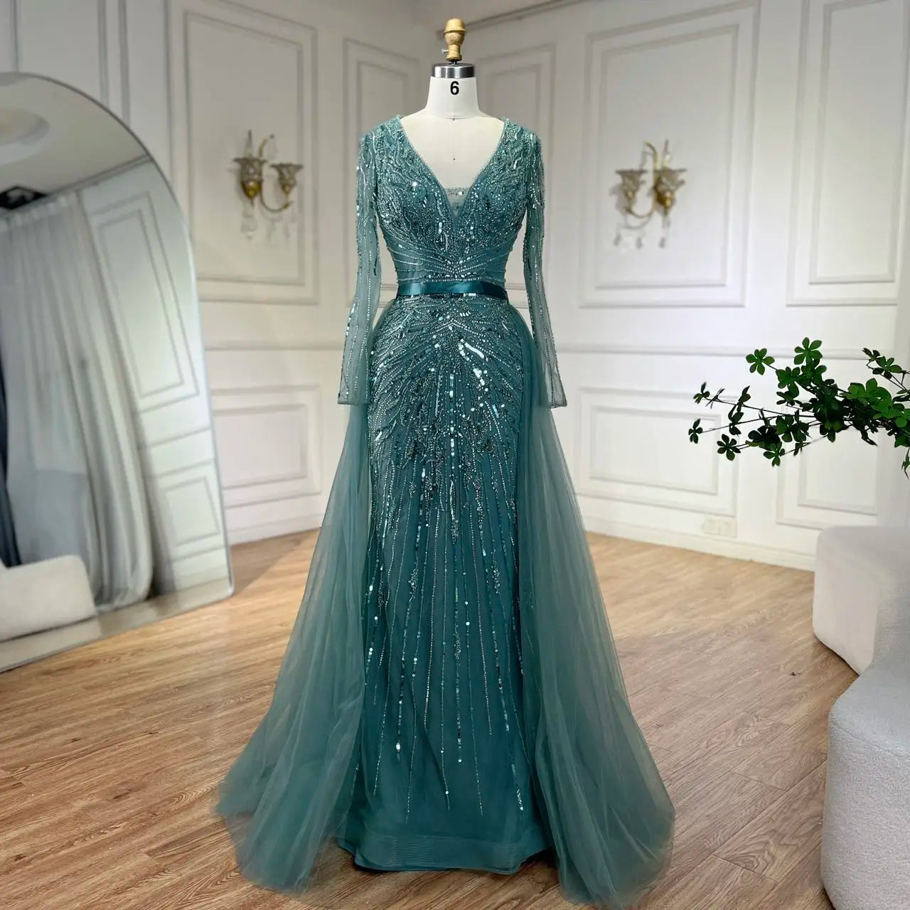 Serene Hill Customized Turquoise Long Sleeves Mermaid Beaded Evening Dresses Overskirt Party Gowns For Women DLA72239A