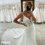 Women's Spaghetti Straps Deep V Backless Wedding Dresses Lace Appliques Chiffon Bridal Gown with Train Elegant Boho Bride Dress