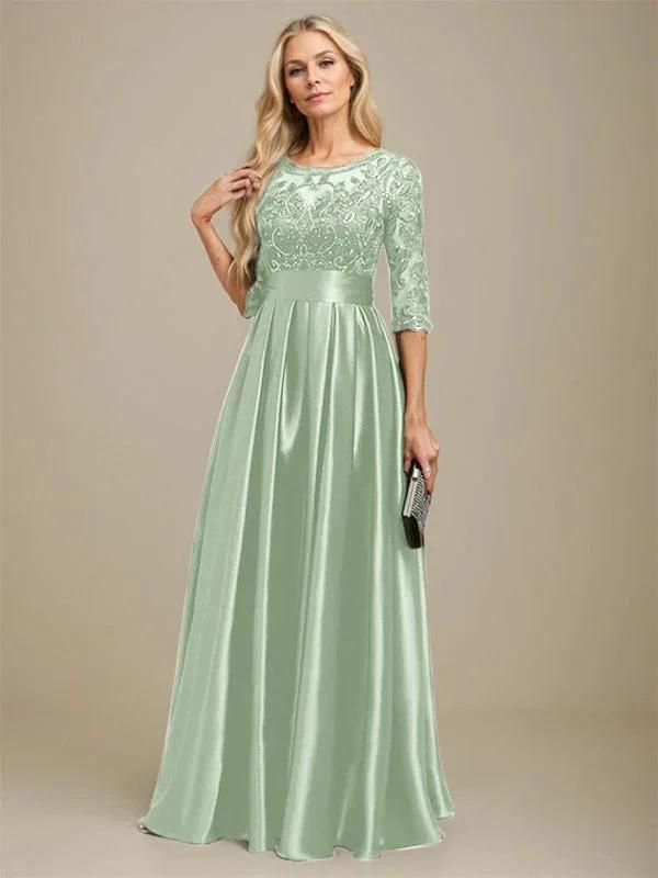 A-line Scoop Illusion Floor-Length Stretch Satin Lace Mother of the Bride Dress With Bow Sequins by Dreamylily