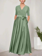 Surplice Neckline Ballgown with Full Satin Skirt & Jersey Bodice by Dreamylily