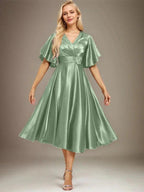 A-line V-Neck Tea-Length Stretch Satin Mother of the Bride Dress With Beading Pleated by Dreamylily