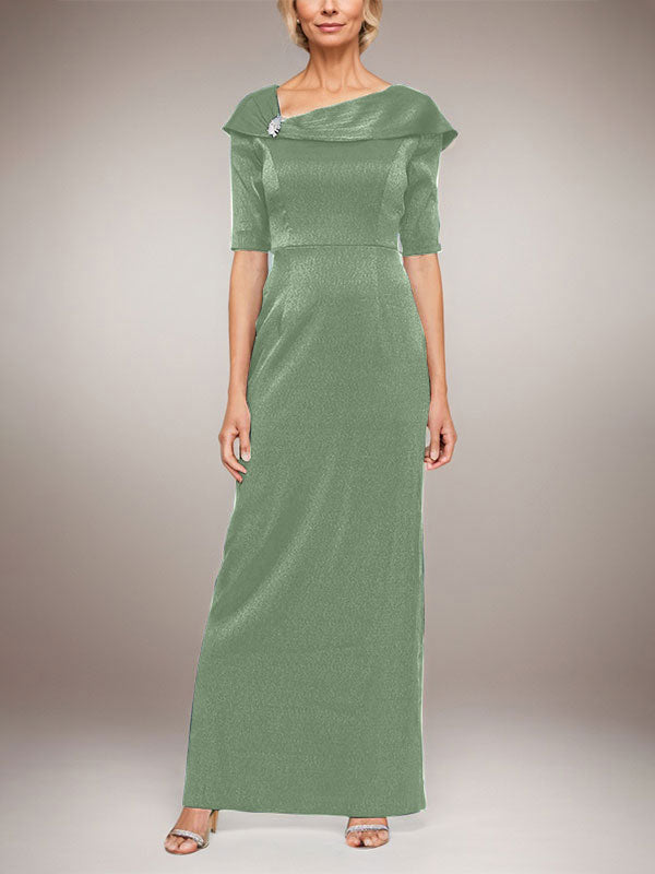 Long Shimmer Column Dress with Foldover Cuff L-Neckline and Elbow Sleeves