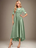 A-line Scoop Illusion Asymmetrical Stretch Satin Lace Mother of the Bride Dress With Sequins by Dreamylily