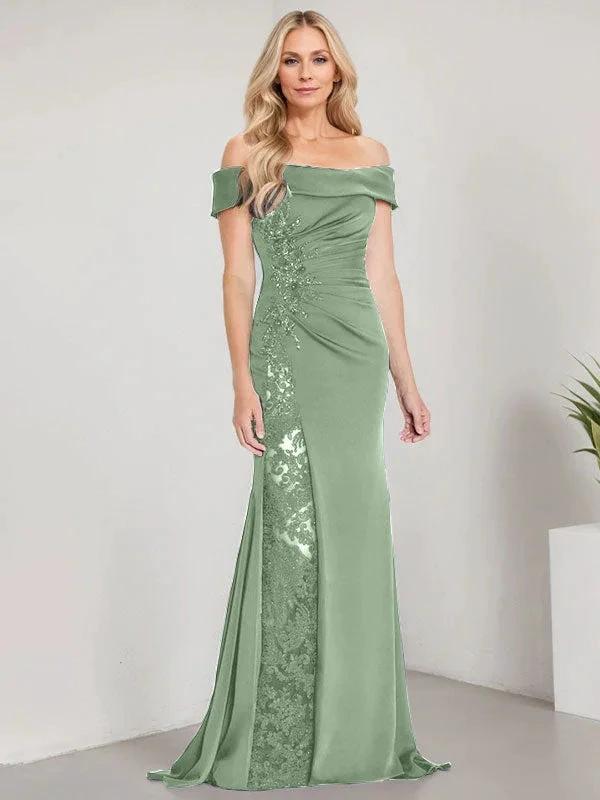 A-Line Off the Shoulder Floor-Length Mother of the Bride Dress Applique Beadings Mermaid Dress With High Split by Dreamylily