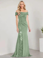 A-Line Off the Shoulder Floor-Length Mother of the Bride Dress Applique Beadings Mermaid Dress With High Split by Dreamylily