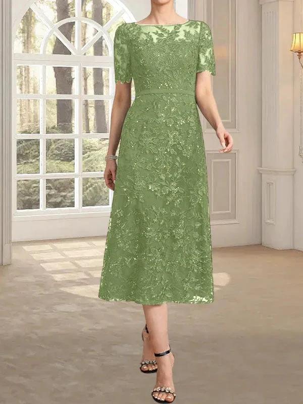 A-line Scoop Illusion Tea-Length Lace Mother of the Bride Dress With Sequins by Dreamylily