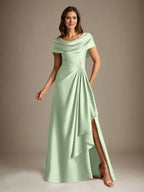 A-Line Scoop Floor-Length Stretch Satin Mother of the Bride Dress With Cascading Ruffles by Dreamylily