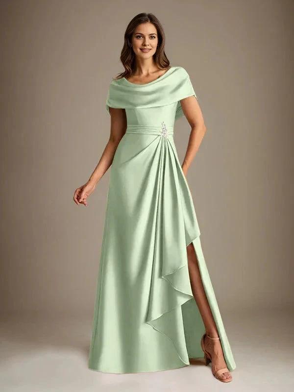 A-Line Scoop Floor-Length Stretch Satin Mother of the Bride Dress With Cascading Ruffles by Dreamylily