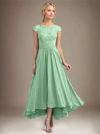 A-line Scoop Illusion Asymmetrical Lace Chiffon Mother of the Bride Dress With Pleated by Dreamylily