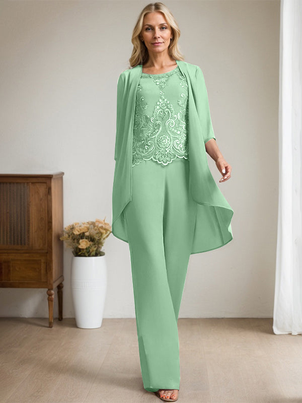 Separates Jumpsuit/Pantsuit Scoop Floor-Length Chiffon Lace Mother of the Bride Dress With Beading Sequins