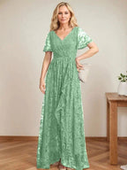 A-Line V-Neck Asymmetrical Lace Mother of the Bride Dress With Cascading Ruffles by Dreamylily